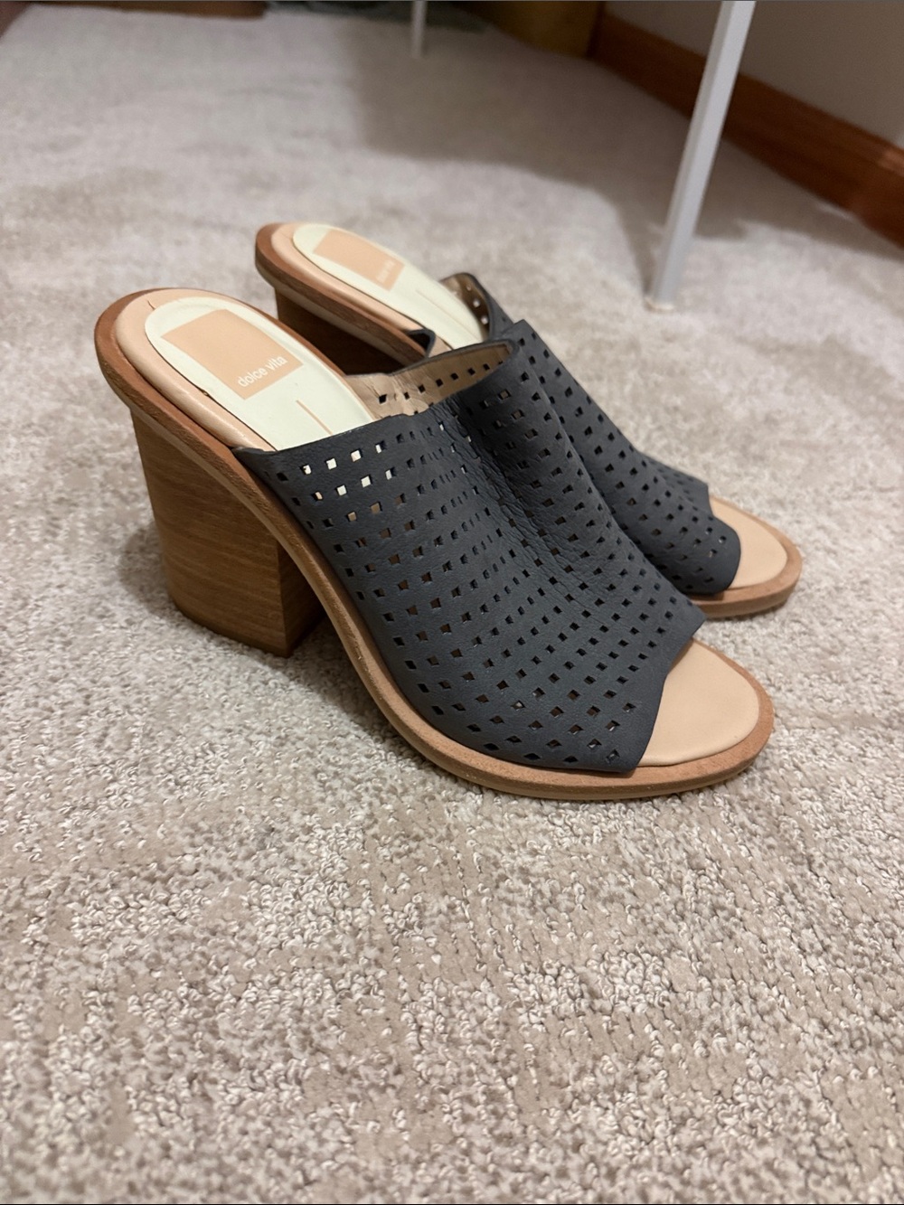 Dolce Vita Black Perforated Mule Heels with Wood-Effect Block Heel